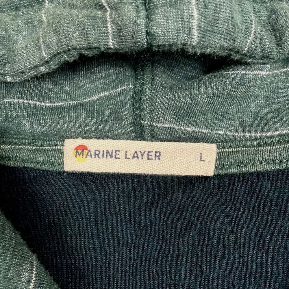Marine Layer Double Knit Pullover Hoodie Size L Green White Striped Minimalist
